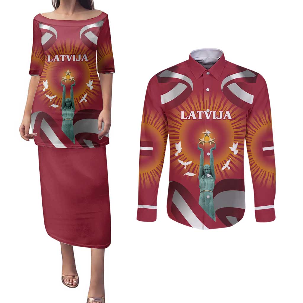 Latvia Couples Matching Puletasi and Long Sleeve Button Shirt with Freedom Monument and Doves Graphic – 18 November 1918 Design