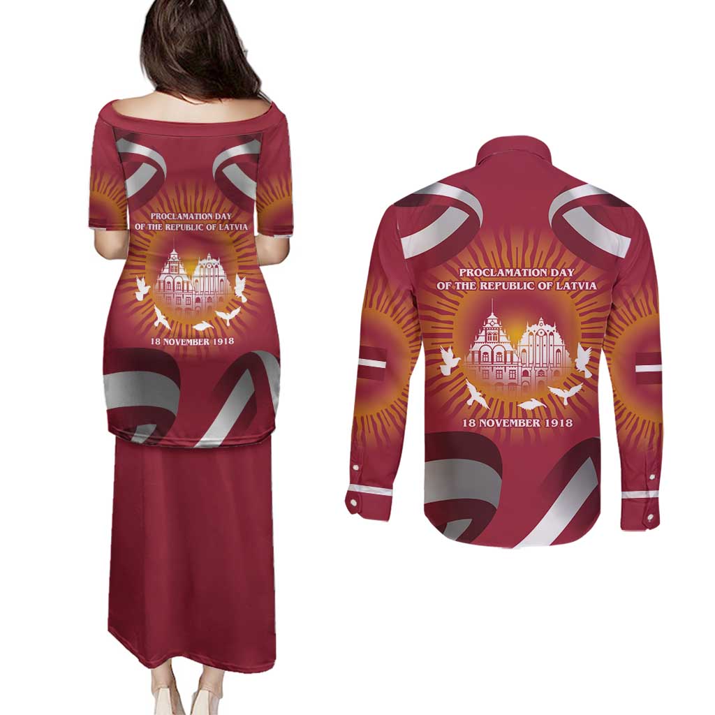 Latvia Couples Matching Puletasi and Long Sleeve Button Shirt with Freedom Monument and Doves Graphic – 18 November 1918 Design