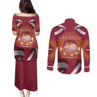 Latvia Couples Matching Puletasi and Long Sleeve Button Shirt with Freedom Monument and Doves Graphic – 18 November 1918 Design