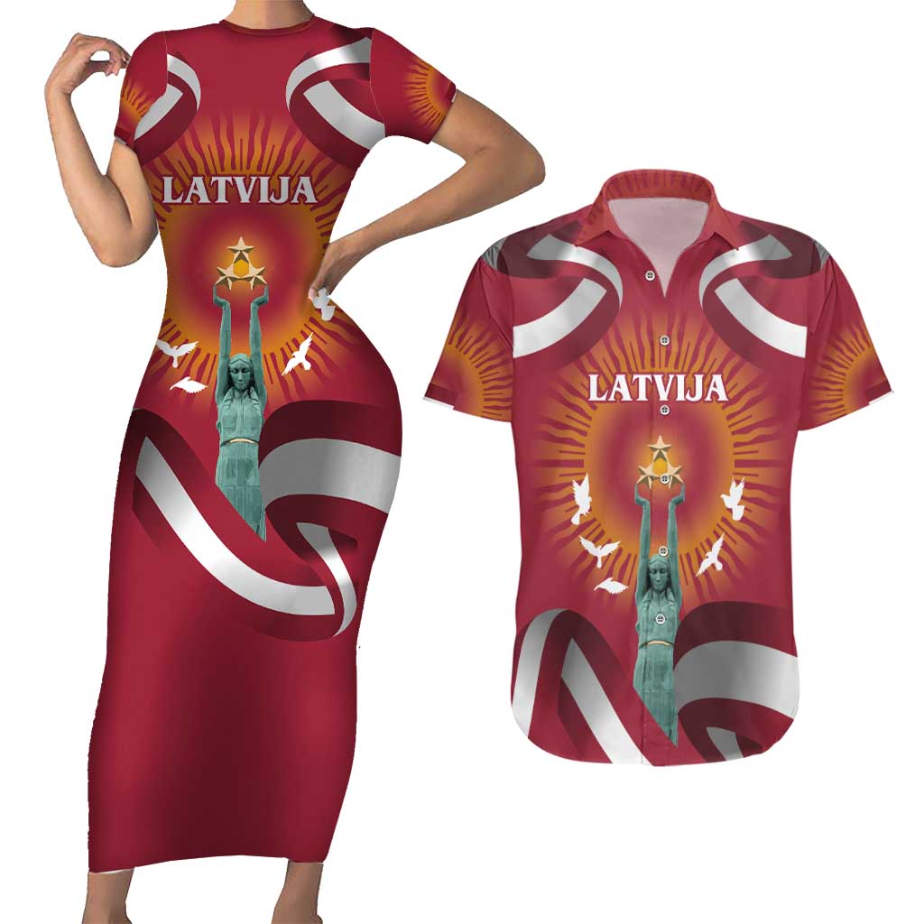 Latvia Couples Matching Short Sleeve Bodycon Dress and Hawaiian Shirt with Freedom Monument and Doves Graphic – 18 November 1918 Design