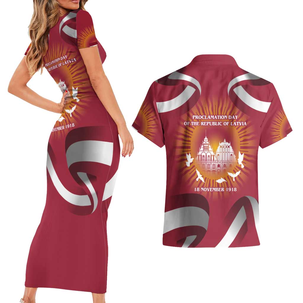 Latvia Couples Matching Short Sleeve Bodycon Dress and Hawaiian Shirt with Freedom Monument and Doves Graphic – 18 November 1918 Design