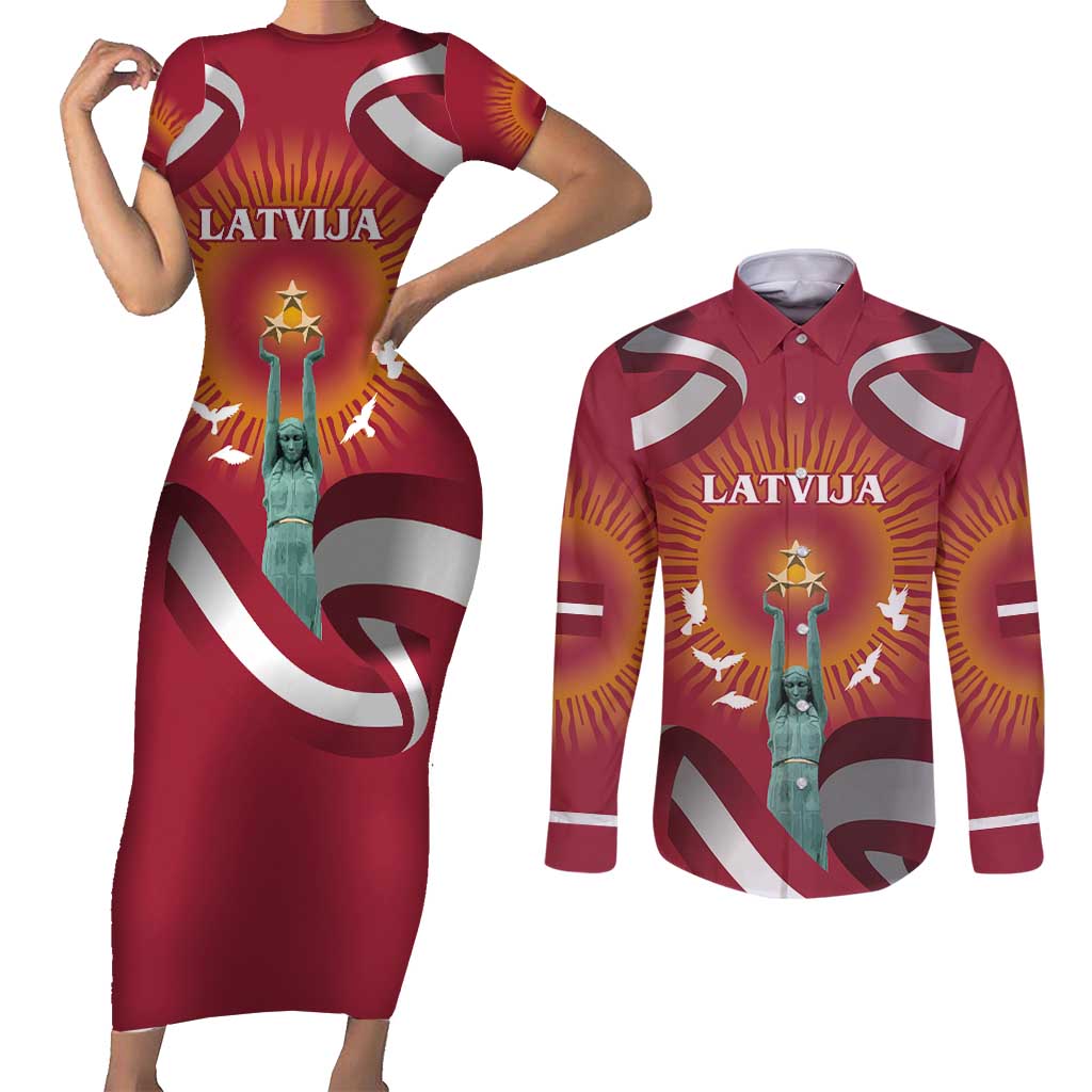 Latvia Couples Matching Short Sleeve Bodycon Dress and Long Sleeve Button Shirt with Freedom Monument and Doves Graphic – 18 November 1918 Design