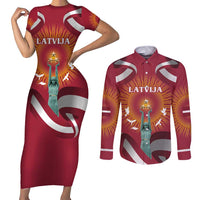 Latvia Couples Matching Short Sleeve Bodycon Dress and Long Sleeve Button Shirt with Freedom Monument and Doves Graphic – 18 November 1918 Design