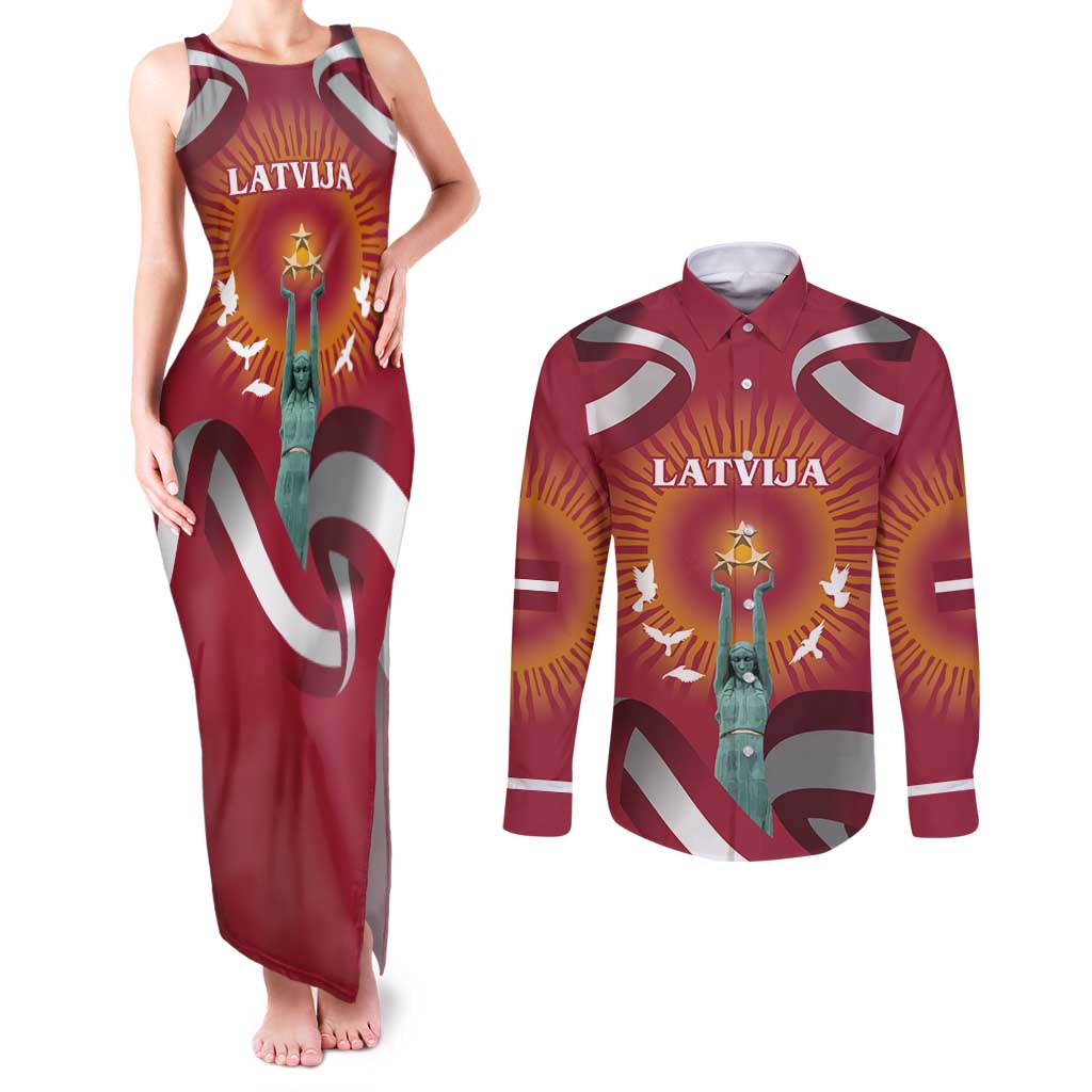 Latvia Couples Matching Tank Maxi Dress and Long Sleeve Button Shirt with Freedom Monument and Doves Graphic – 18 November 1918 Design