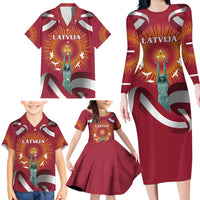 Latvia Family Matching Long Sleeve Bodycon Dress and Hawaiian Shirt with Freedom Monument and Doves Graphic – 18 November 1918 Design