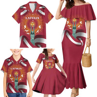 Latvia Family Matching Mermaid Dress and Hawaiian Shirt with Freedom Monument and Doves Graphic – 18 November 1918 Design