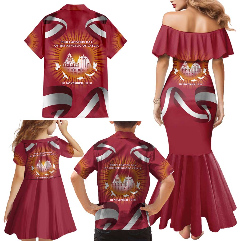 Latvia Family Matching Mermaid Dress and Hawaiian Shirt with Freedom Monument and Doves Graphic – 18 November 1918 Design