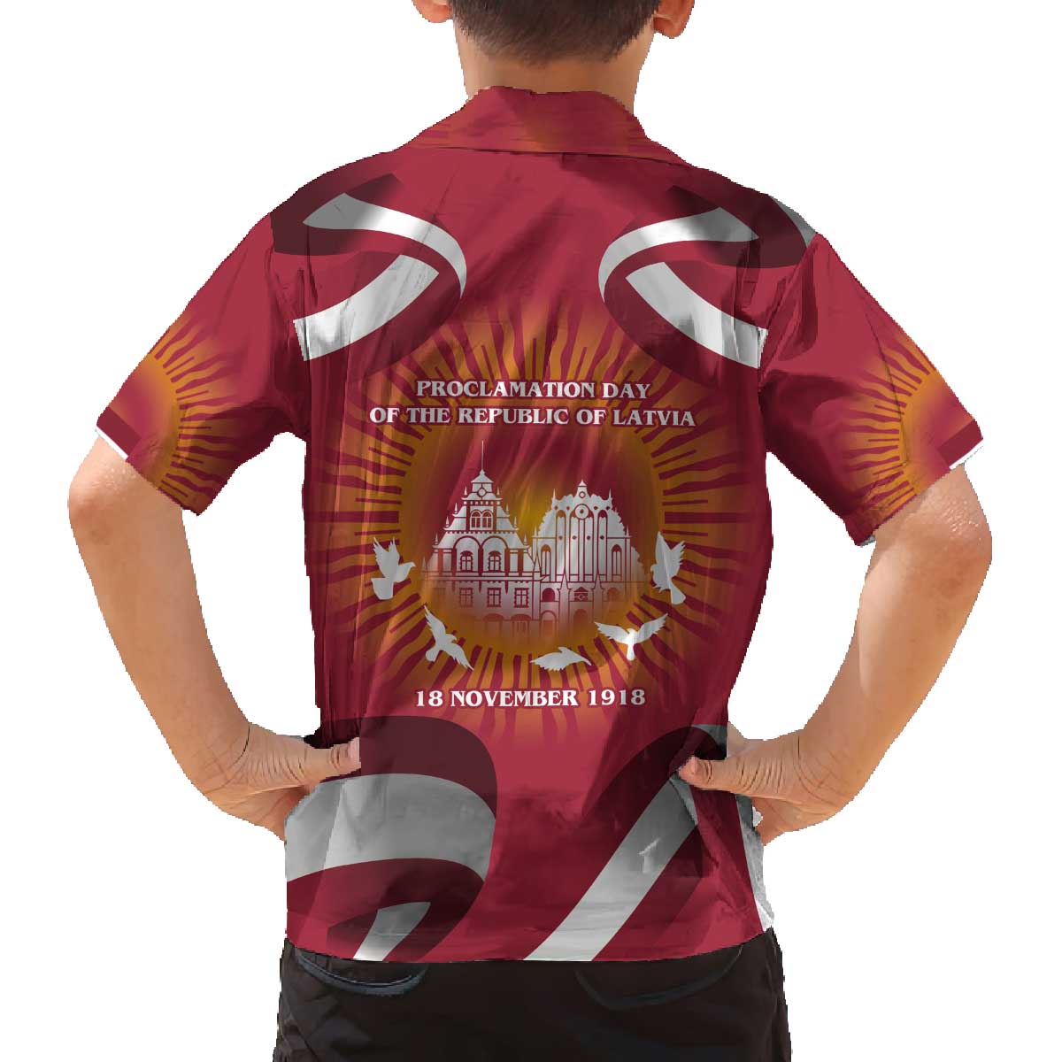 Latvia Family Matching Off The Shoulder Long Sleeve Dress and Hawaiian Shirt with Freedom Monument and Doves Graphic – 18 November 1918 Design