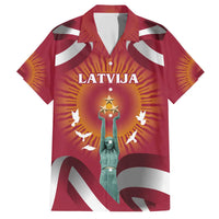 Latvia Family Matching Off The Shoulder Long Sleeve Dress and Hawaiian Shirt with Freedom Monument and Doves Graphic – 18 November 1918 Design