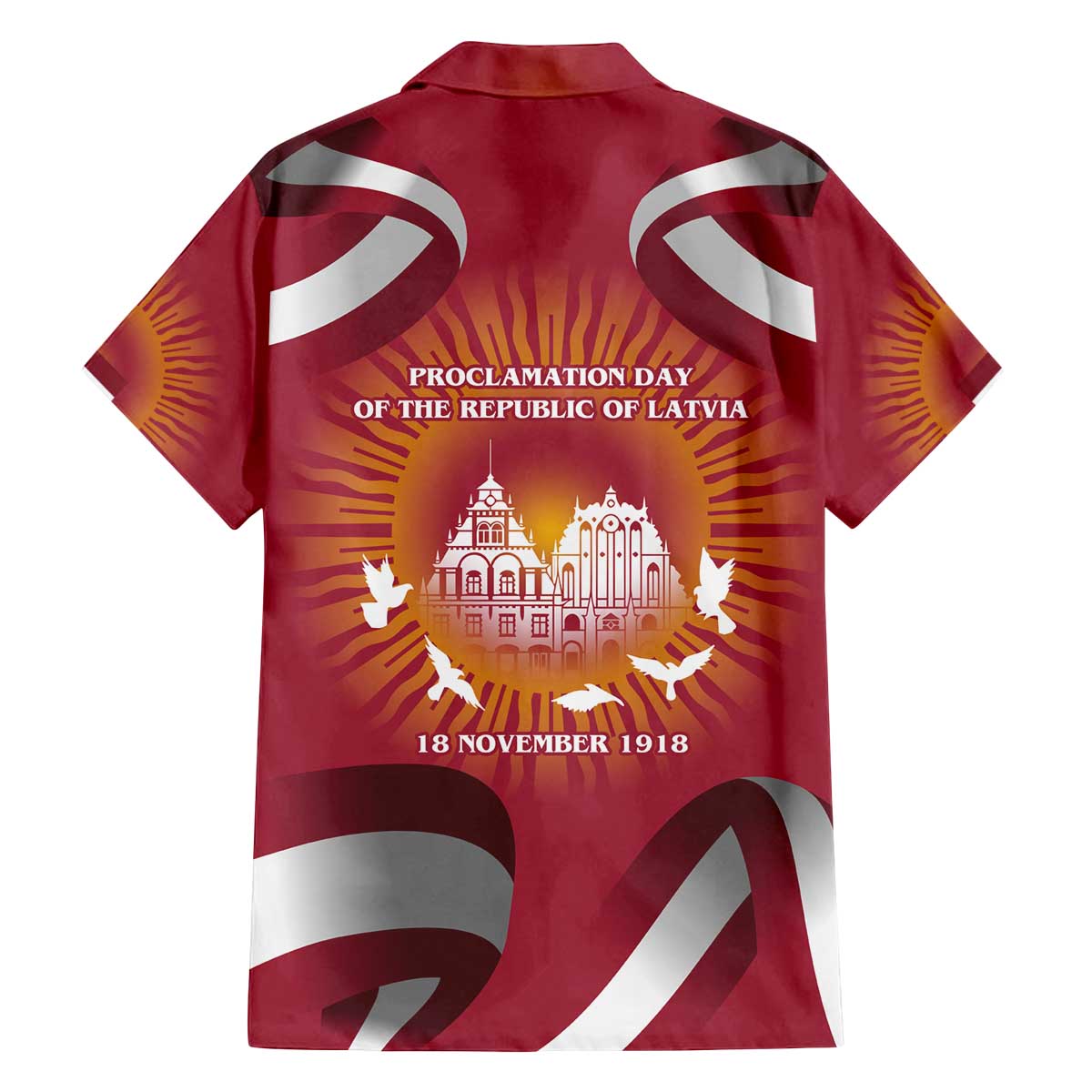 Latvia Family Matching Off The Shoulder Long Sleeve Dress and Hawaiian Shirt with Freedom Monument and Doves Graphic – 18 November 1918 Design