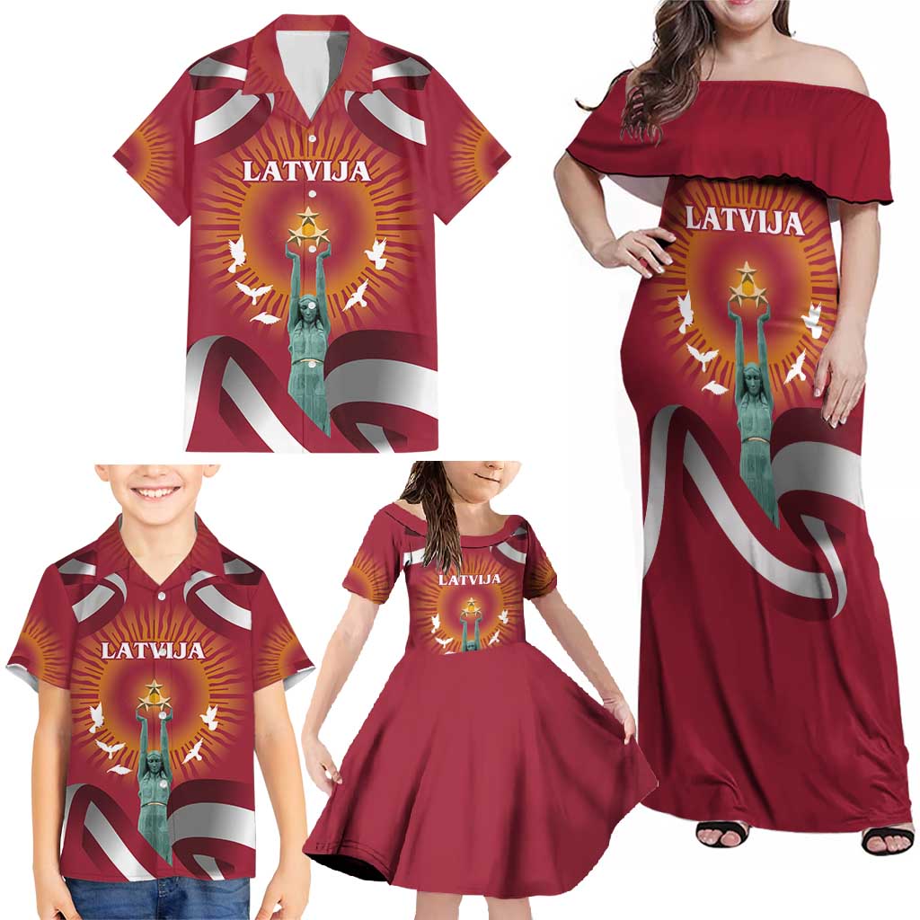Latvia Family Matching Off Shoulder Maxi Dress and Hawaiian Shirt with Freedom Monument and Doves Graphic – 18 November 1918 Design