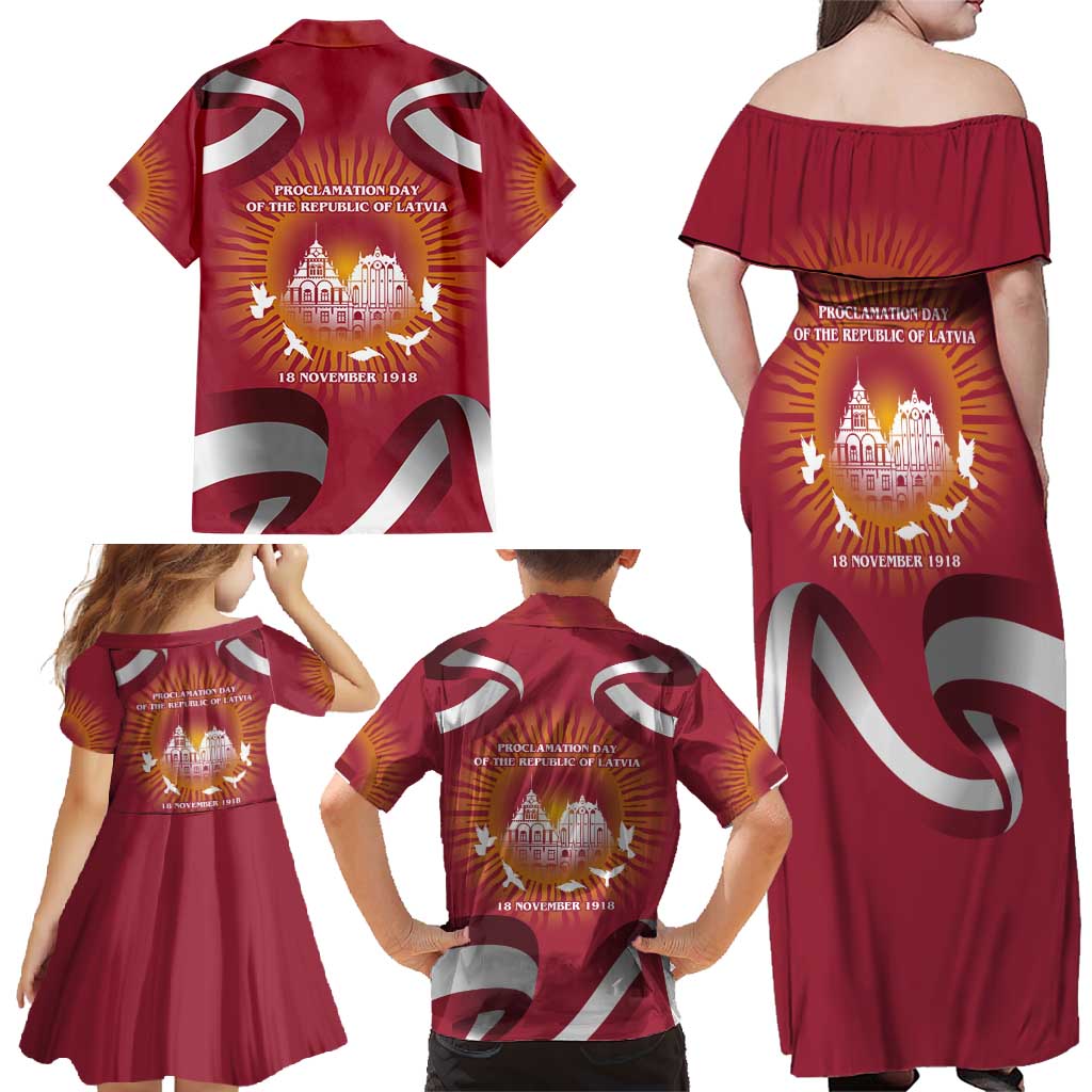 Latvia Family Matching Off Shoulder Maxi Dress and Hawaiian Shirt with Freedom Monument and Doves Graphic – 18 November 1918 Design