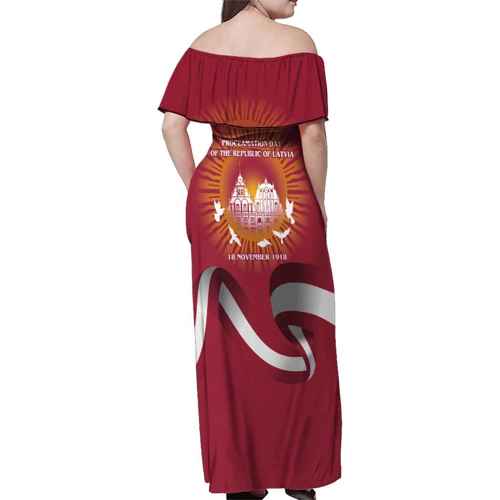 Latvia Family Matching Off Shoulder Maxi Dress and Hawaiian Shirt with Freedom Monument and Doves Graphic – 18 November 1918 Design