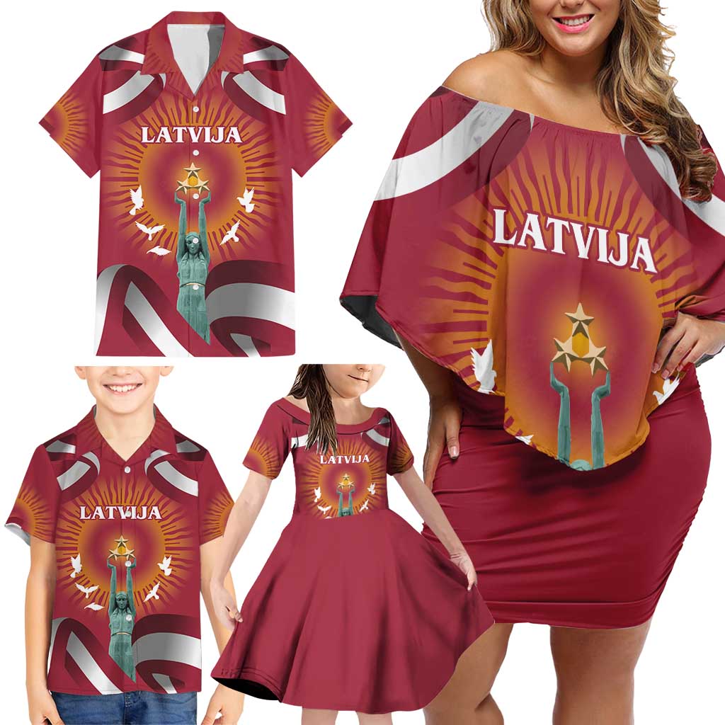 Latvia Family Matching Off Shoulder Short Dress and Hawaiian Shirt with Freedom Monument and Doves Graphic – 18 November 1918 Design