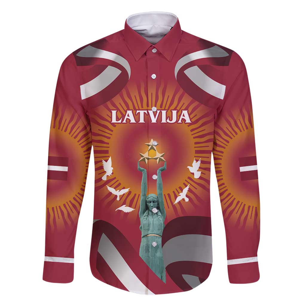 Latvia Family Matching Off Shoulder Short Dress and Hawaiian Shirt with Freedom Monument and Doves Graphic – 18 November 1918 Design