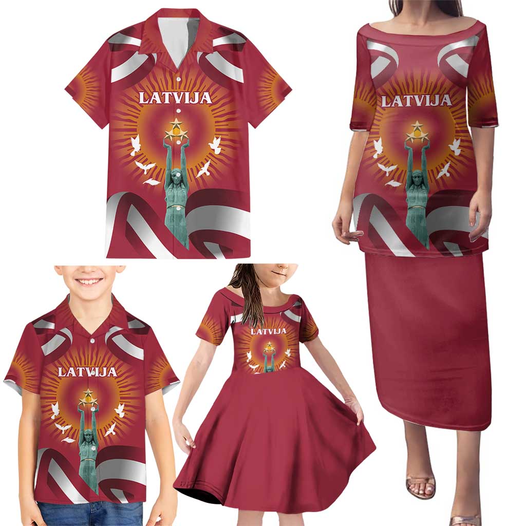 Latvia Family Matching Puletasi and Hawaiian Shirt with Freedom Monument and Doves Graphic – 18 November 1918 Design