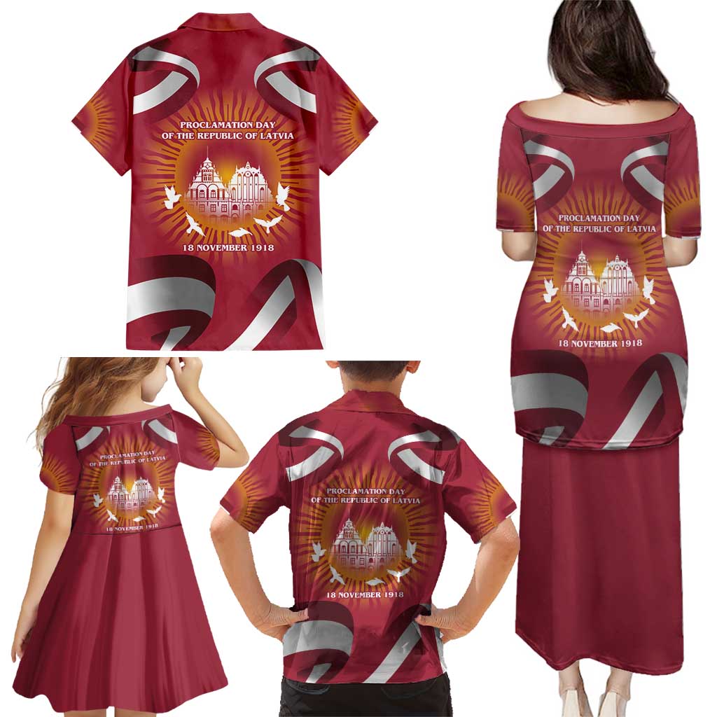 Latvia Family Matching Puletasi and Hawaiian Shirt with Freedom Monument and Doves Graphic – 18 November 1918 Design