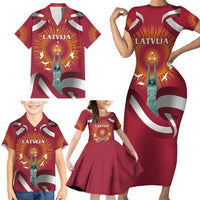 Latvia Family Matching Short Sleeve Bodycon Dress and Hawaiian Shirt with Freedom Monument and Doves Graphic – 18 November 1918 Design