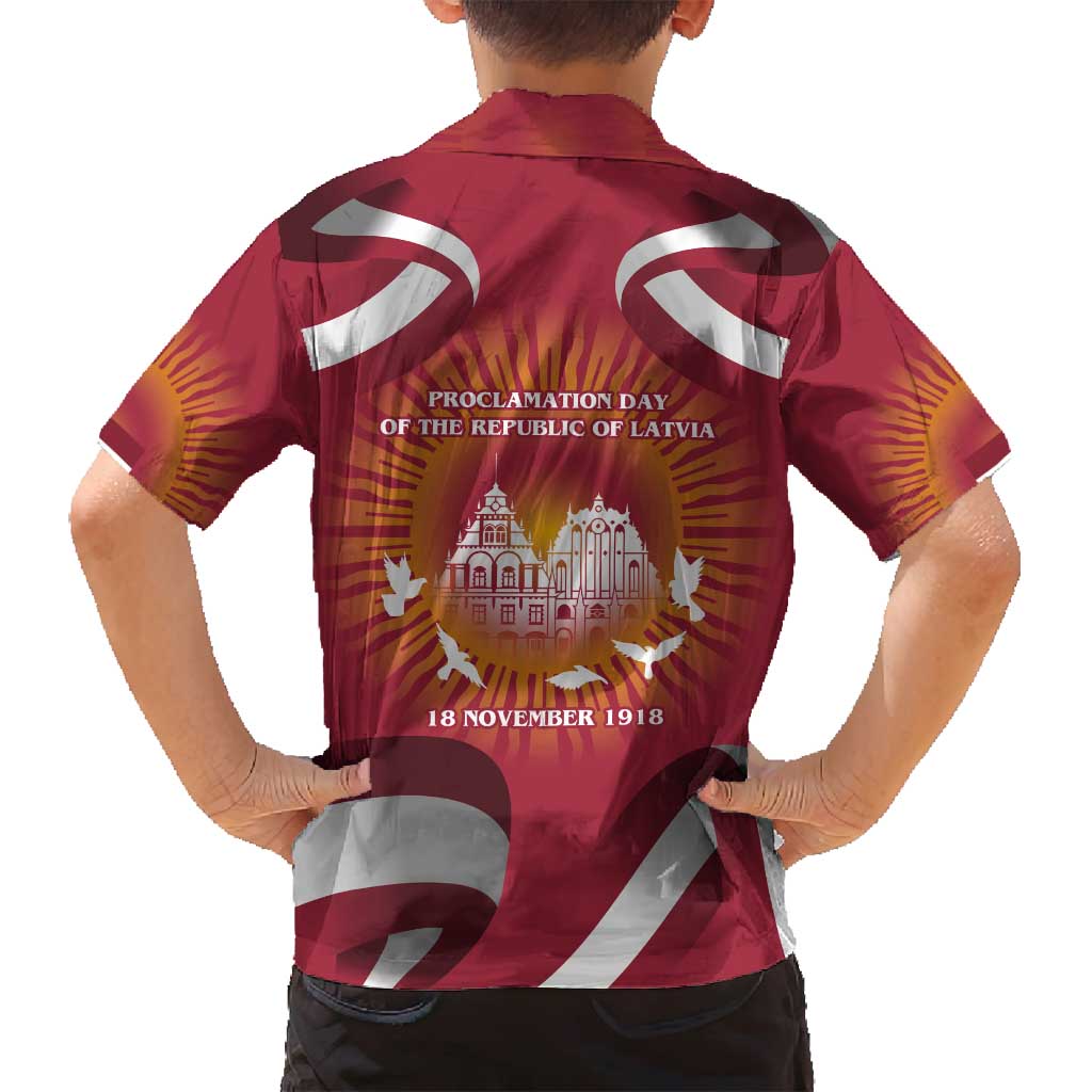 Latvia Family Matching Summer Maxi Dress and Hawaiian Shirt with Freedom Monument and Doves Graphic – 18 November 1918 Design