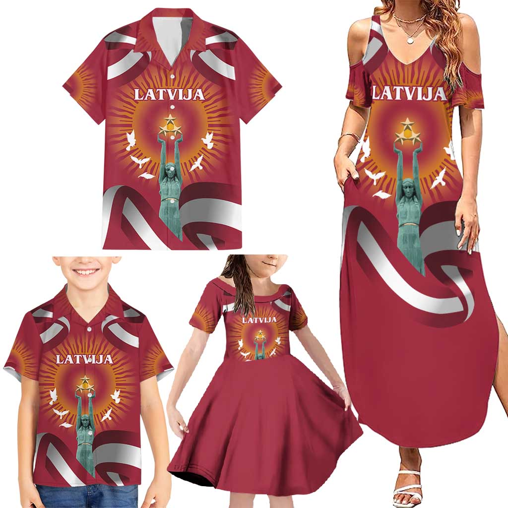 Latvia Family Matching Summer Maxi Dress and Hawaiian Shirt with Freedom Monument and Doves Graphic – 18 November 1918 Design