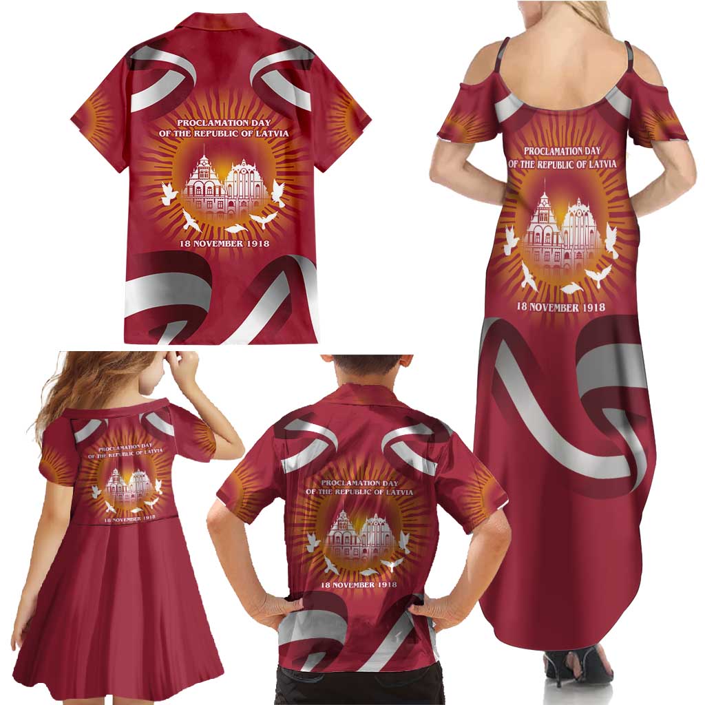 Latvia Family Matching Summer Maxi Dress and Hawaiian Shirt with Freedom Monument and Doves Graphic – 18 November 1918 Design