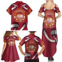Latvia Family Matching Summer Maxi Dress and Hawaiian Shirt with Freedom Monument and Doves Graphic – 18 November 1918 Design
