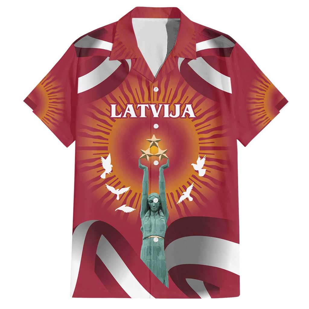 Latvia Hawaiian Shirt with Freedom Monument and Doves Graphic – 18 November 1918 Design