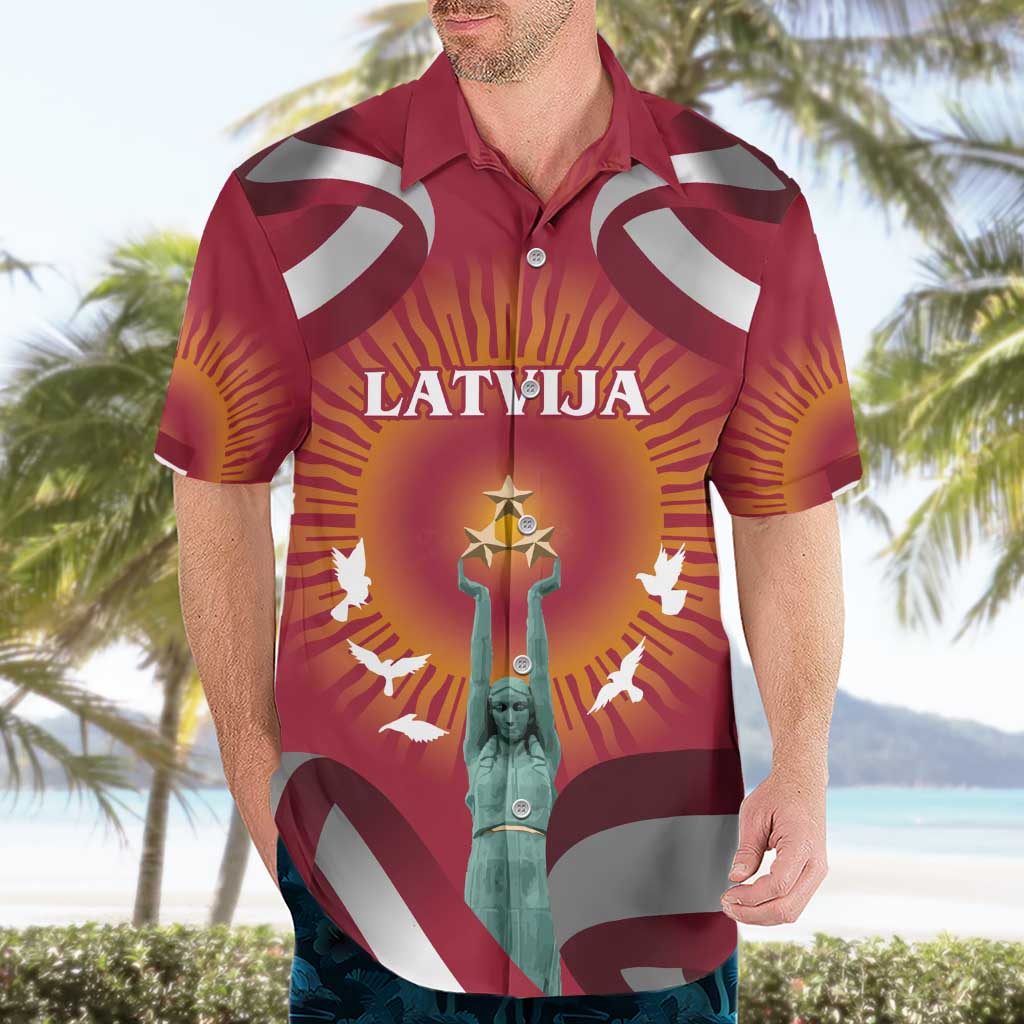 Latvia Hawaiian Shirt with Freedom Monument and Doves Graphic – 18 November 1918 Design