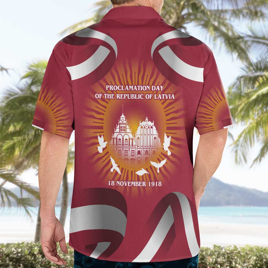 Latvia Hawaiian Shirt with Freedom Monument and Doves Graphic – 18 November 1918 Design