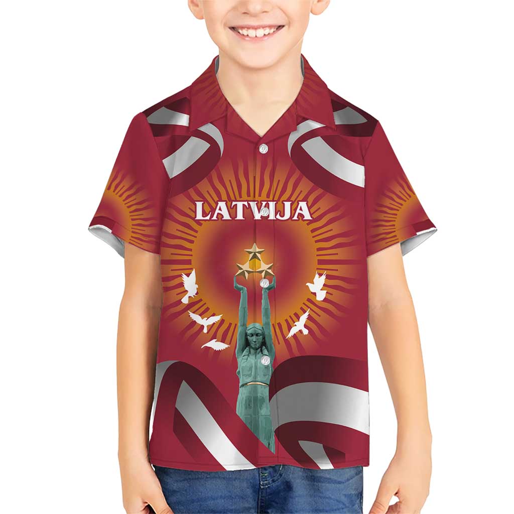 Latvia Kid Hawaiian Shirt with Freedom Monument and Doves Graphic – 18 November 1918 Design