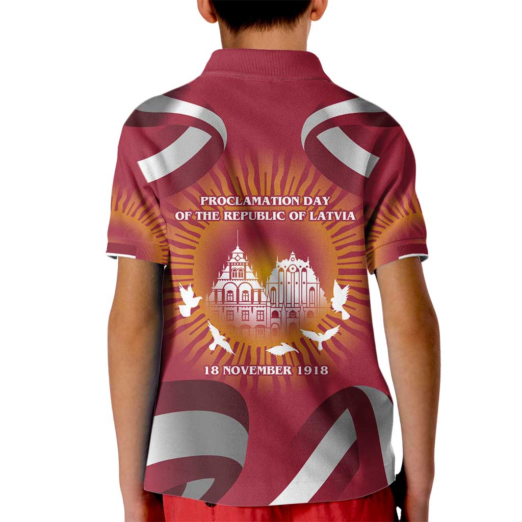 Latvia Kid Polo Shirt with Freedom Monument and Doves Graphic – 18 November 1918 Design