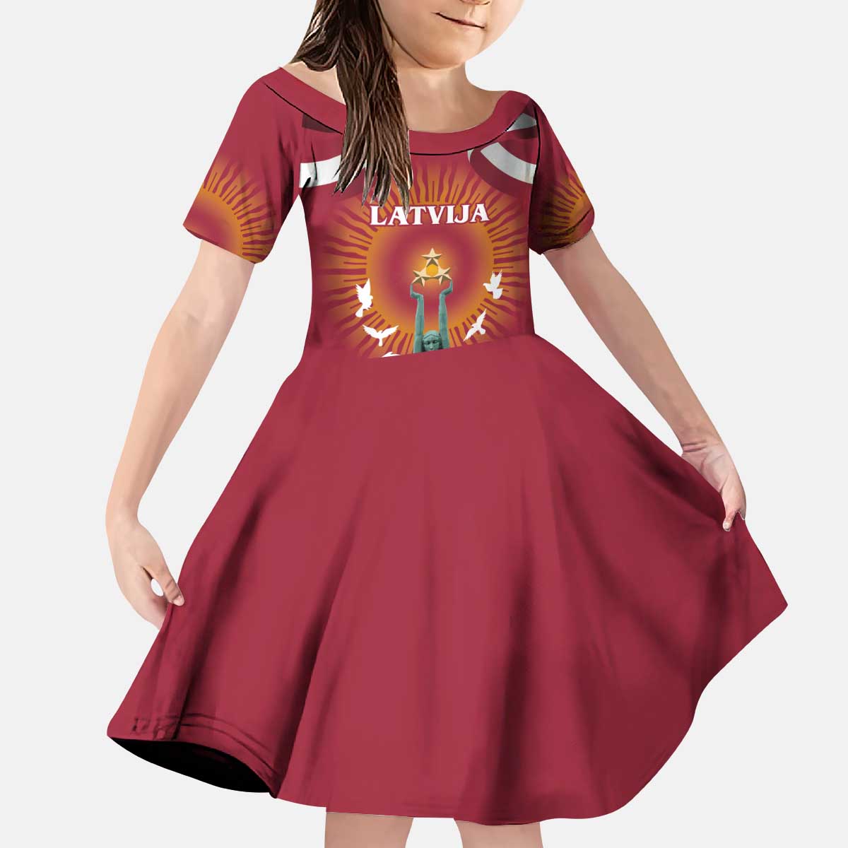 Latvia Kid Short Sleeve Dress with Freedom Monument and Doves Graphic – 18 November 1918 Design