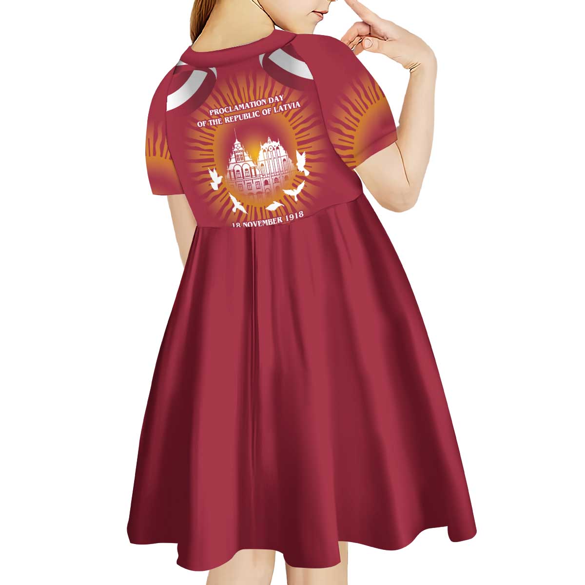 Latvia Kid Short Sleeve Dress with Freedom Monument and Doves Graphic – 18 November 1918 Design