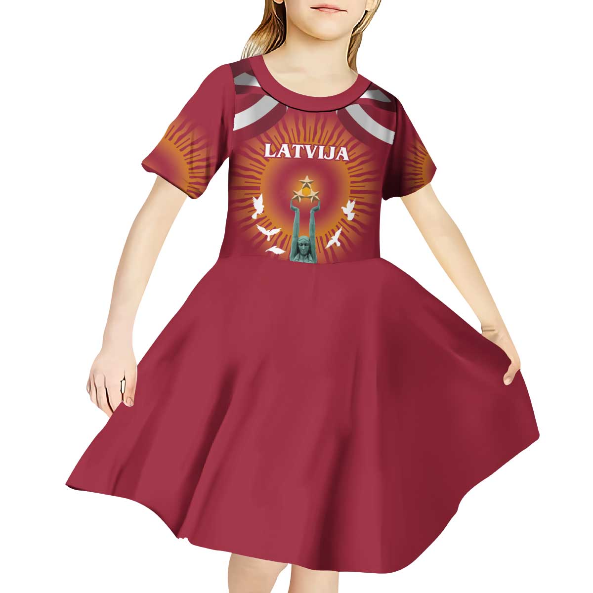 Latvia Kid Short Sleeve Dress with Freedom Monument and Doves Graphic – 18 November 1918 Design