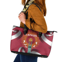 Latvia Leather Tote Bag with Freedom Monument and Doves Graphic – 18 November 1918 Design