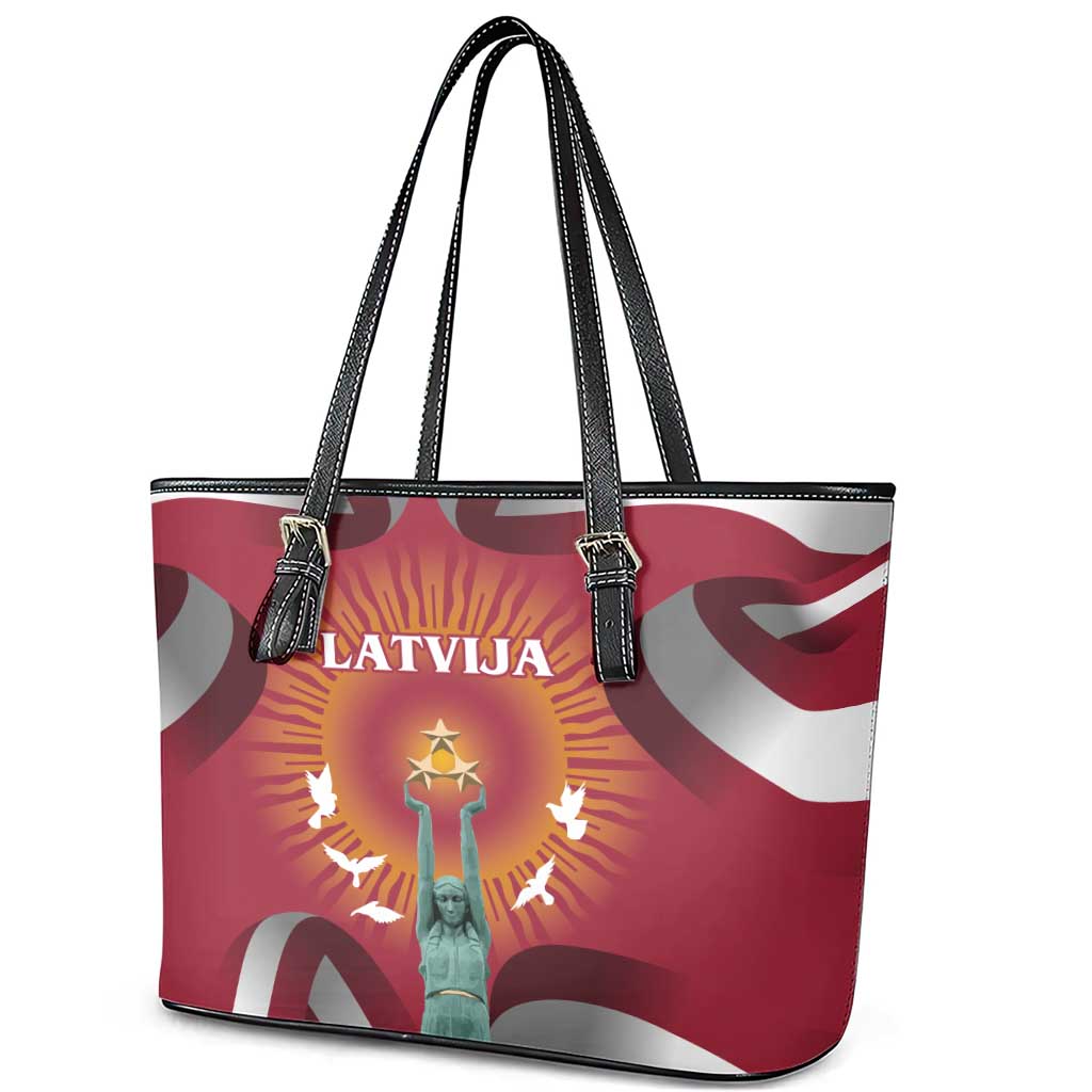 Latvia Leather Tote Bag with Freedom Monument and Doves Graphic – 18 November 1918 Design