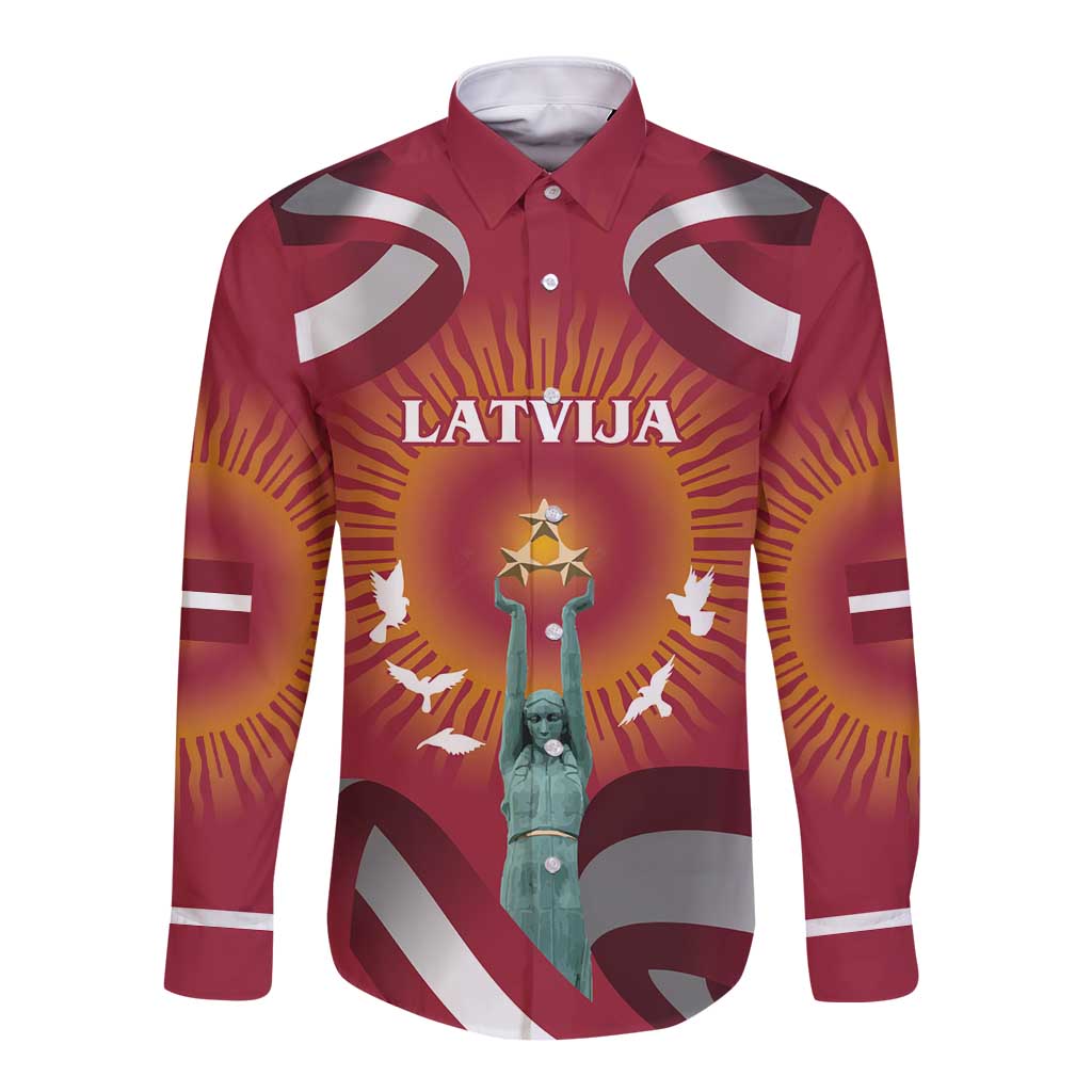 Latvia Long Sleeve Button Shirt with Freedom Monument and Doves Graphic – 18 November 1918 Design