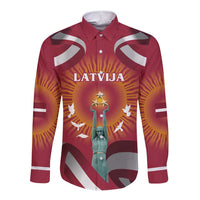 Latvia Long Sleeve Button Shirt with Freedom Monument and Doves Graphic – 18 November 1918 Design