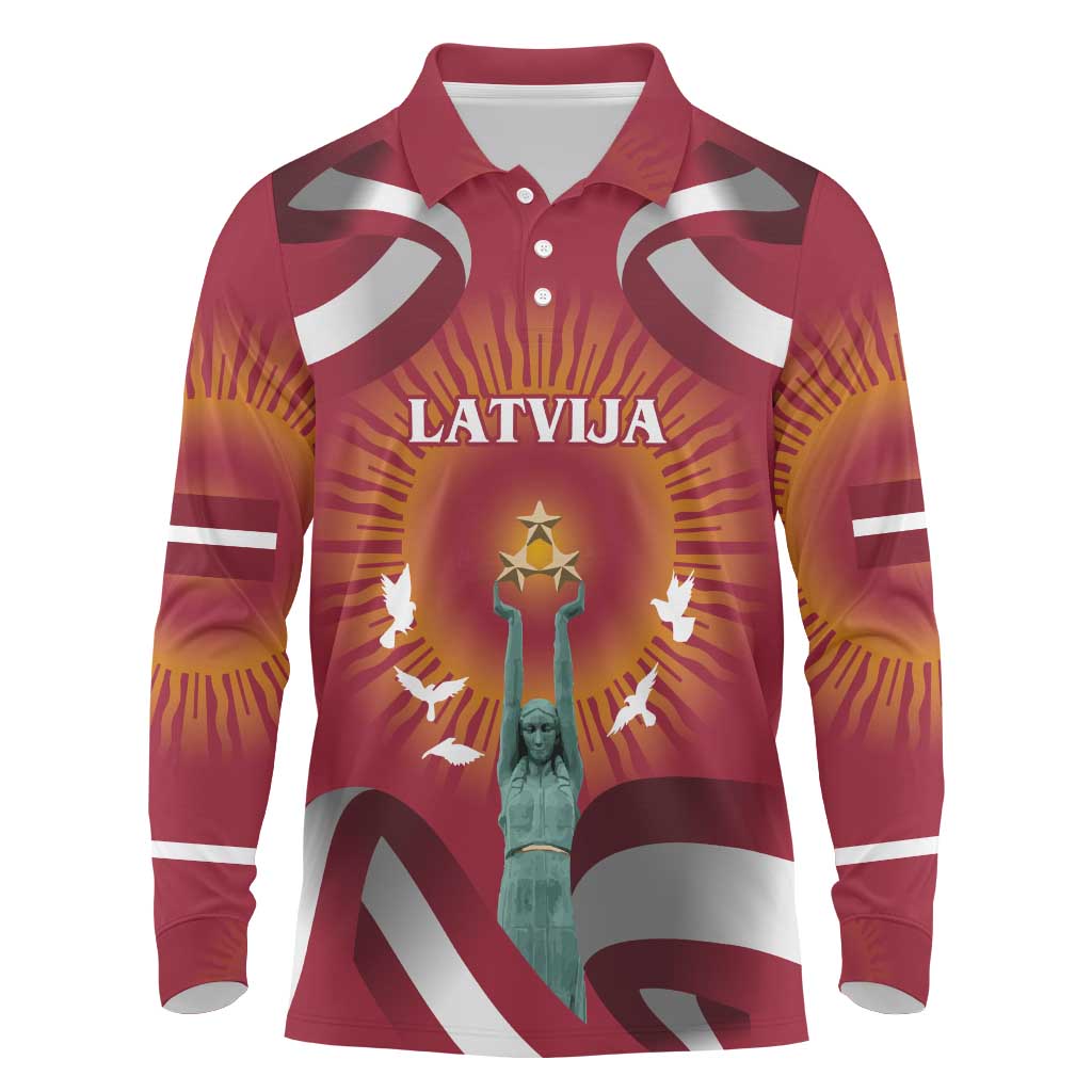 Latvia Long Sleeve Polo Shirt with Freedom Monument and Doves Graphic – 18 November 1918 Design