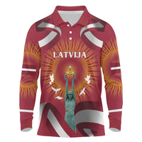 Latvia Long Sleeve Polo Shirt with Freedom Monument and Doves Graphic – 18 November 1918 Design