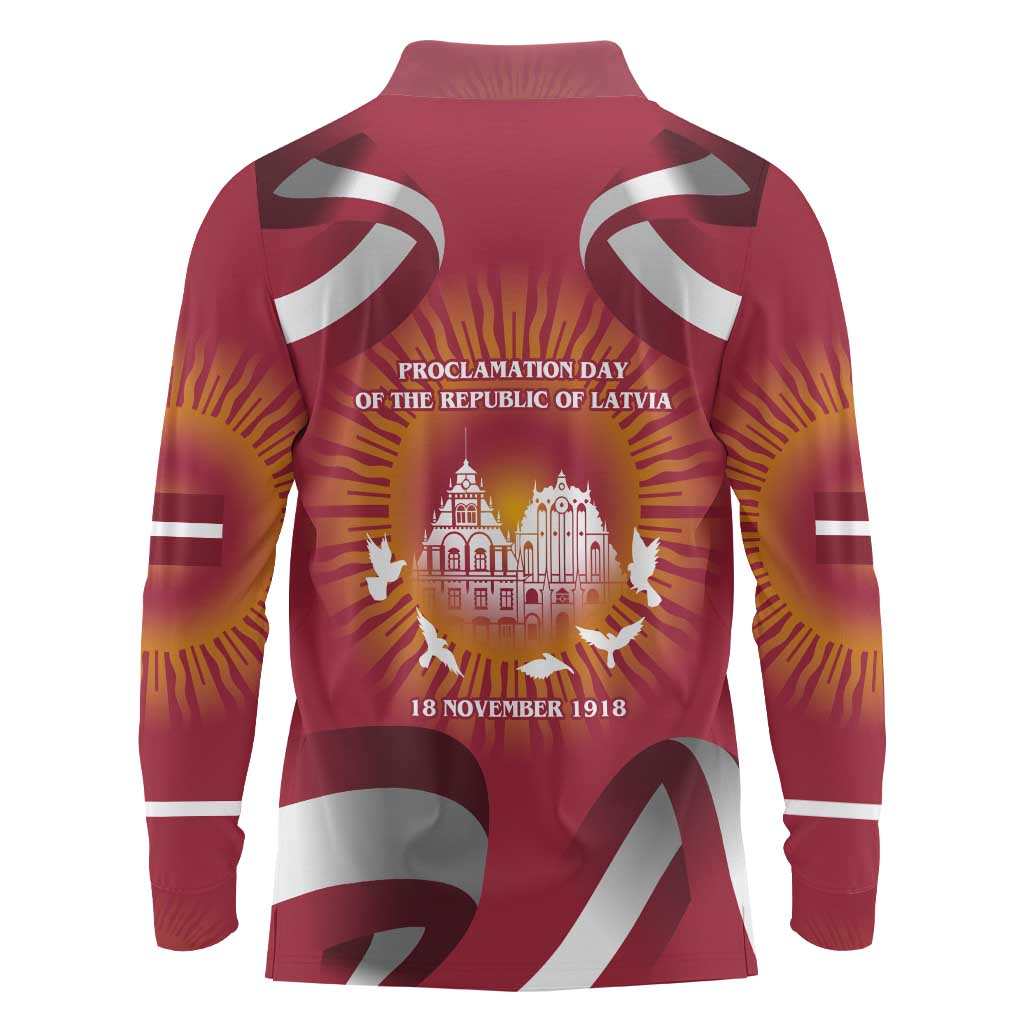 Latvia Long Sleeve Polo Shirt with Freedom Monument and Doves Graphic – 18 November 1918 Design