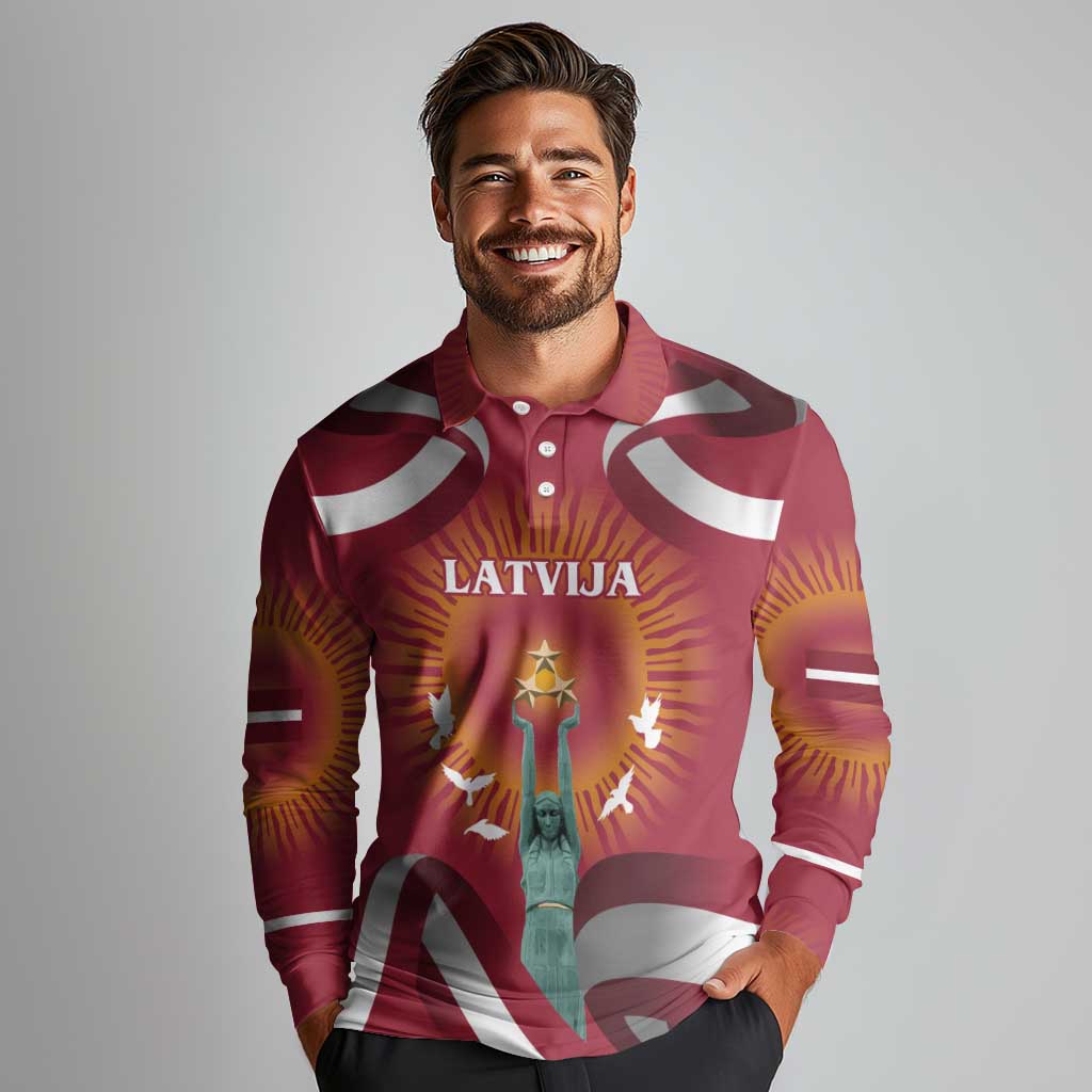 Latvia Long Sleeve Polo Shirt with Freedom Monument and Doves Graphic – 18 November 1918 Design