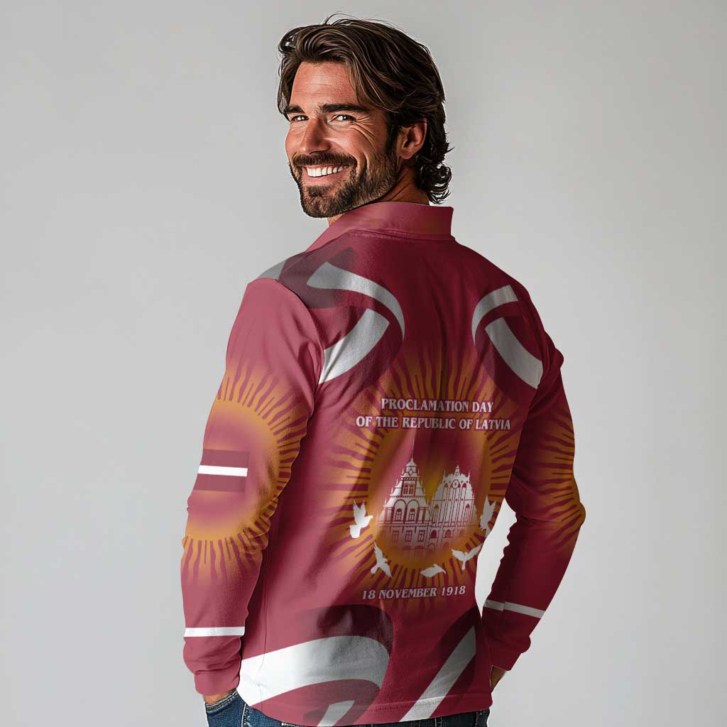 Latvia Long Sleeve Polo Shirt with Freedom Monument and Doves Graphic – 18 November 1918 Design