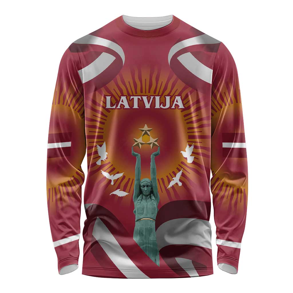 Latvia Long Sleeve Shirt with Freedom Monument and Doves Graphic – 18 November 1918 Design