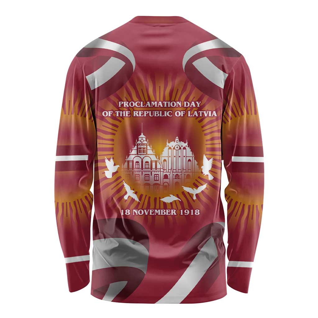Latvia Long Sleeve Shirt with Freedom Monument and Doves Graphic – 18 November 1918 Design