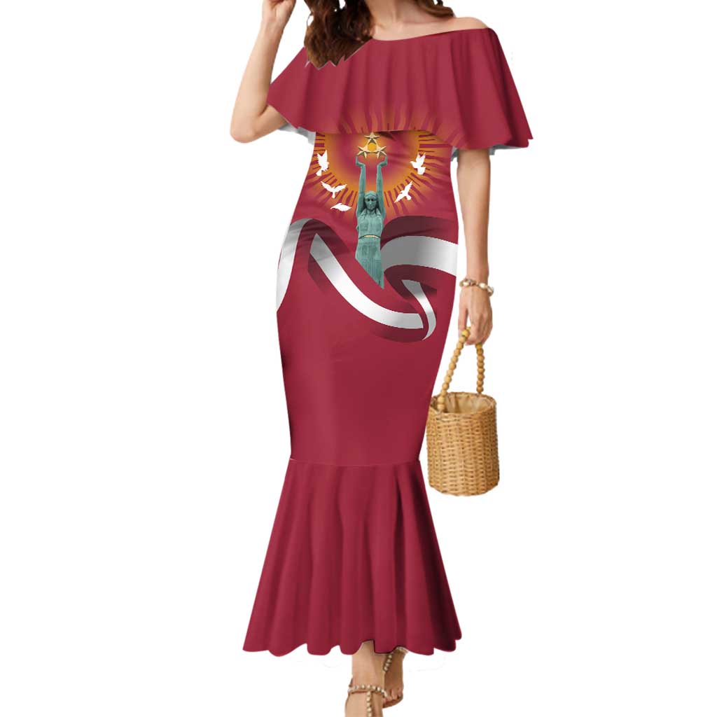 Latvia Mermaid Dress with Freedom Monument and Doves Graphic – 18 November 1918 Design