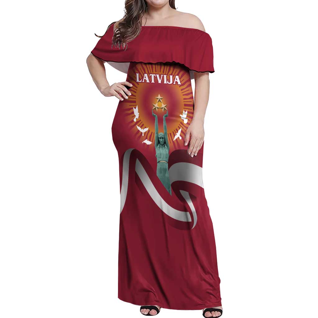 Latvia Off Shoulder Maxi Dress with Freedom Monument and Doves Graphic – 18 November 1918 Design