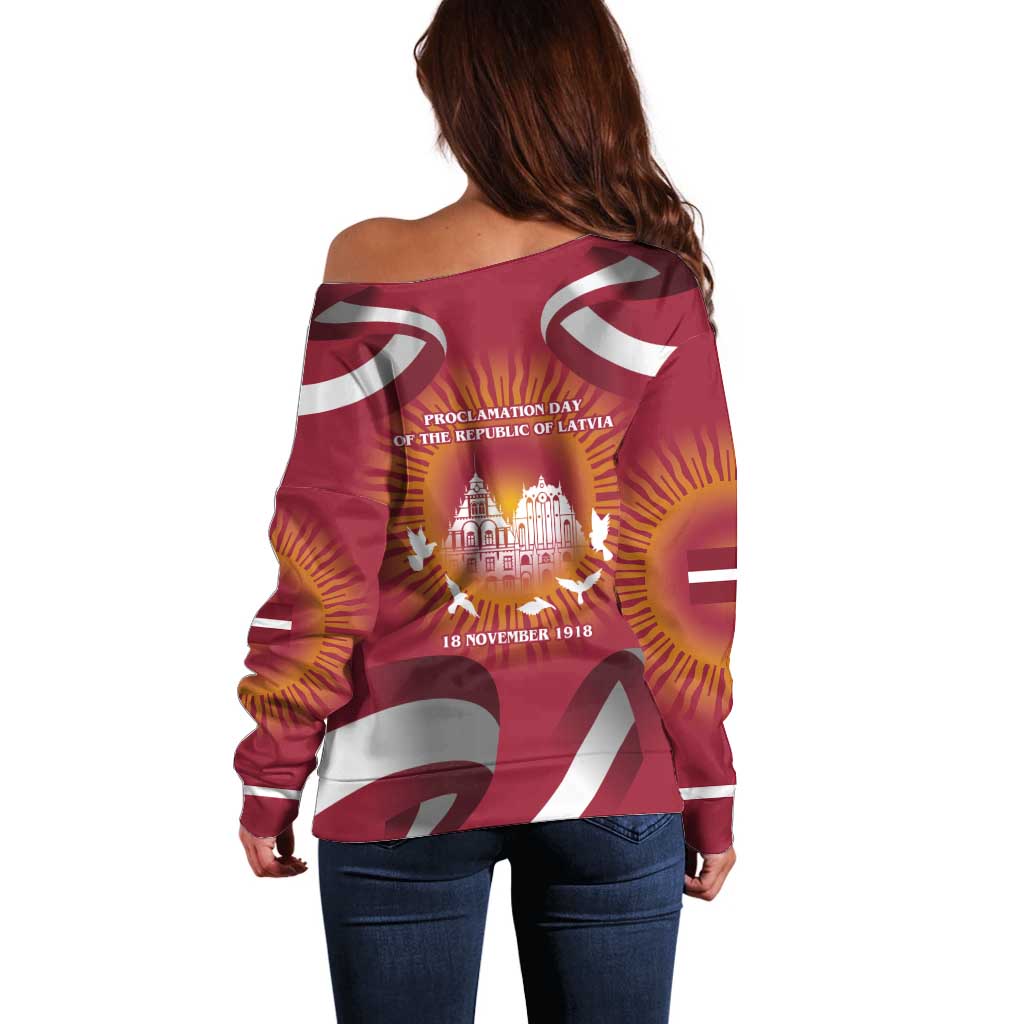 Latvia Off Shoulder Sweater with Freedom Monument and Doves Graphic – 18 November 1918 Design