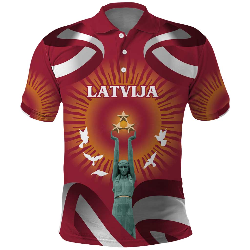 Latvia Polo Shirt with Freedom Monument and Doves Graphic – 18 November 1918 Design