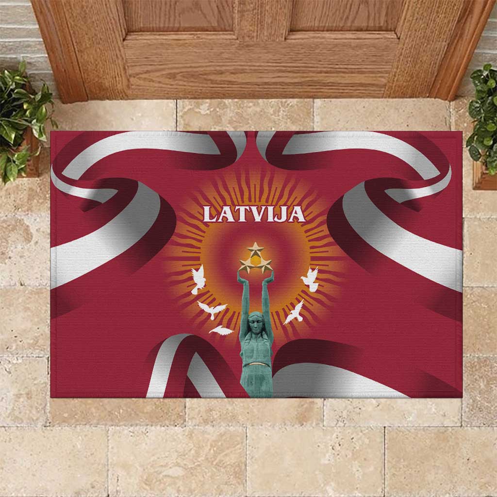Latvia Rubber Doormat with Freedom Monument and Doves Graphic – 18 November 1918 Design